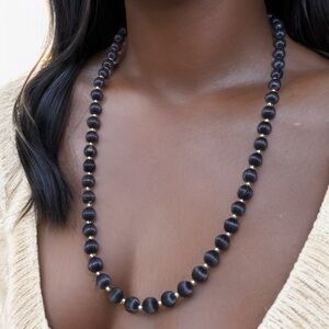 VINTAGE 🦋 1960s Long Indigo Dark Blue Silk Bead Necklace with Silver Details